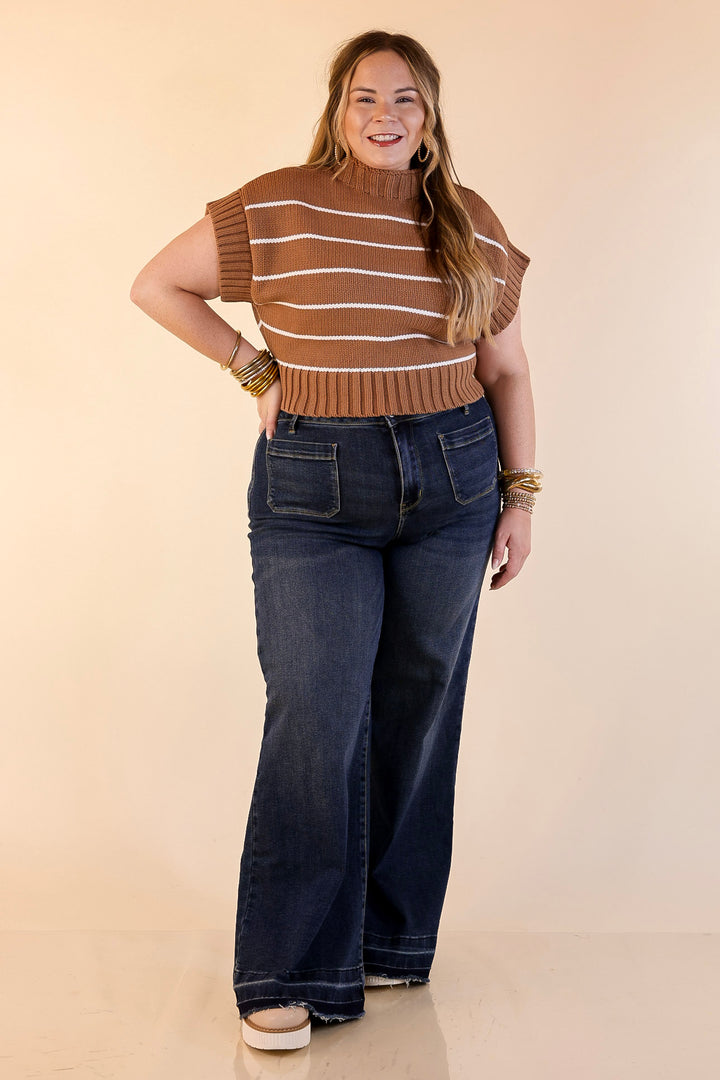 Sweet in Stripes Short Sleeve Striped Mock Neck Sweater in Camel Brown