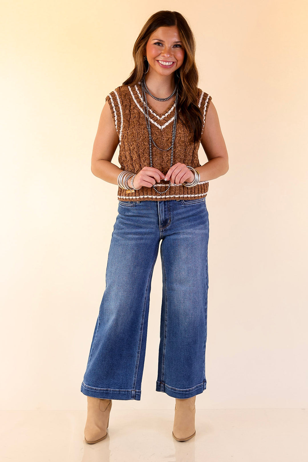 Simply Southern | Bliss Cable Knit Teddy Sweater Vest with V-Neckline and Contrast Trim in Umber Brown