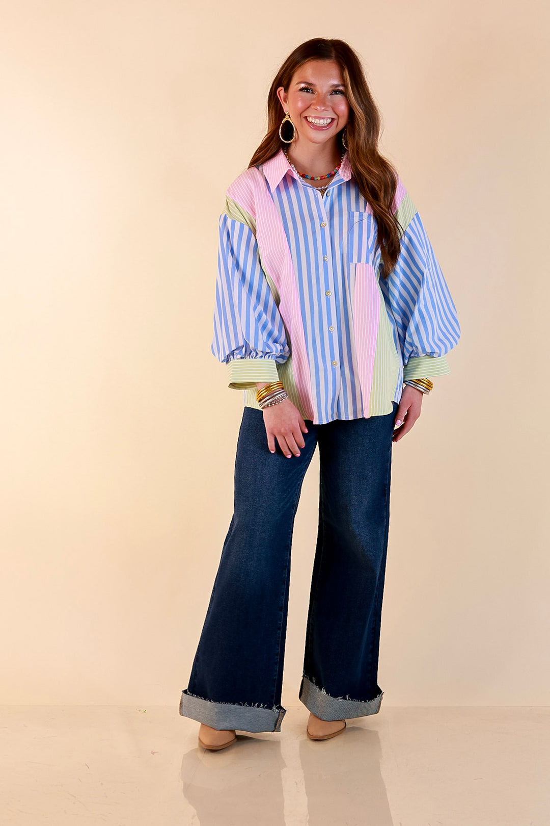 Lovely Impression Colorblock Stripe Button Front Top with Balloon Sleeves in Pink, Blue and Green