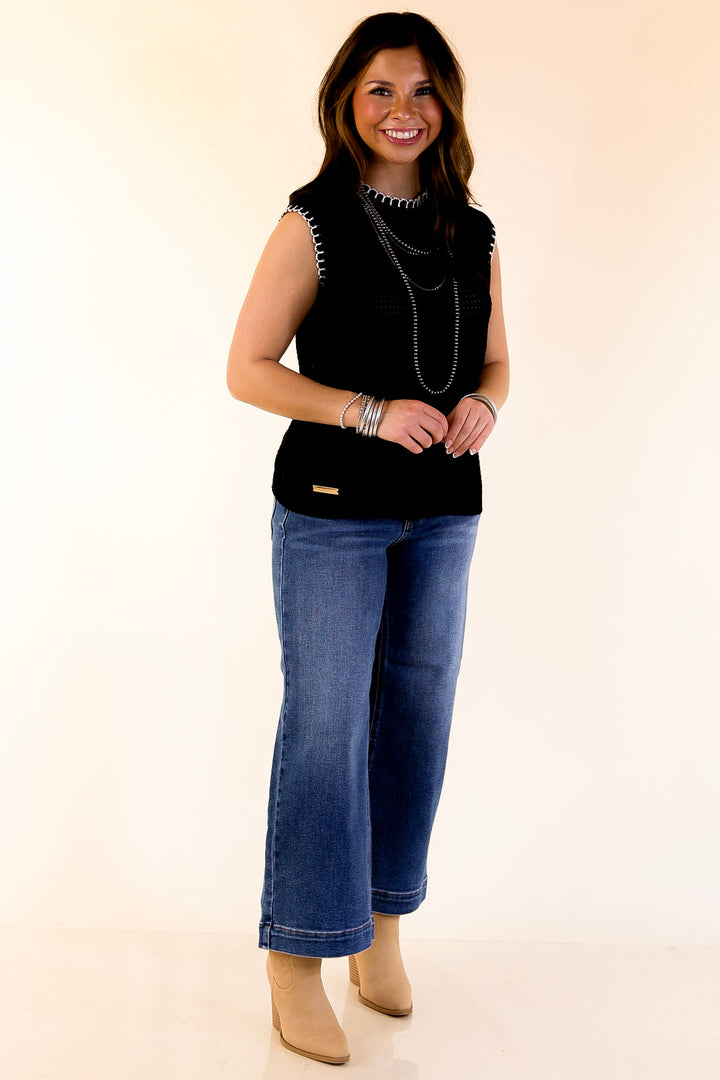 Simply Southern | Olivia Large Knit Sweater Vest with Contrast White Stitching in Black