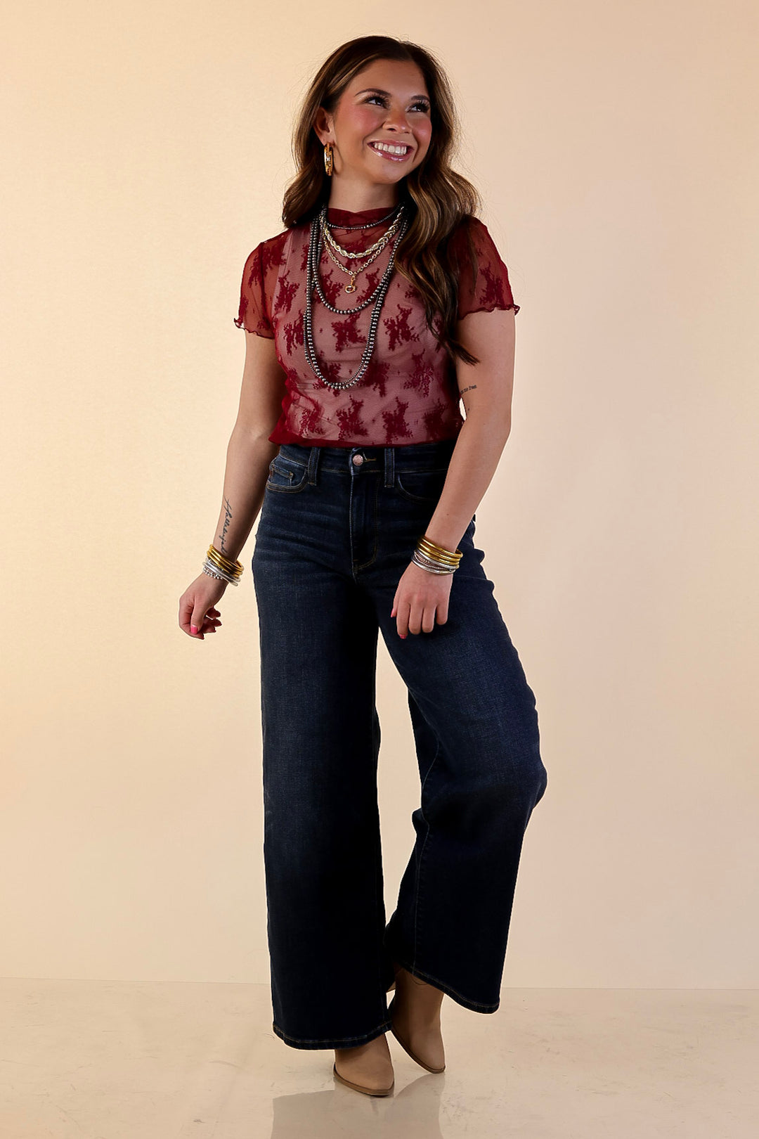 Lovely in Lace Sheer Mock Neck Short Sleeve Top in Maroon