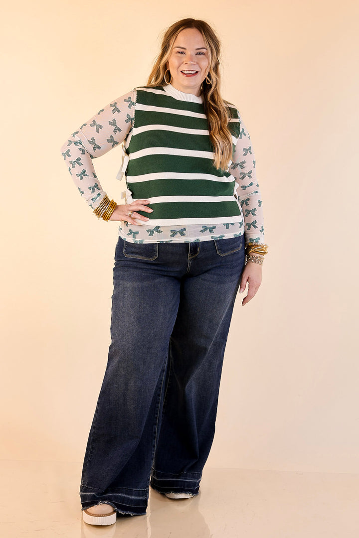 Tied Up in Style Knit Sweater with Side Ties in Forest Green with Off White Stripes