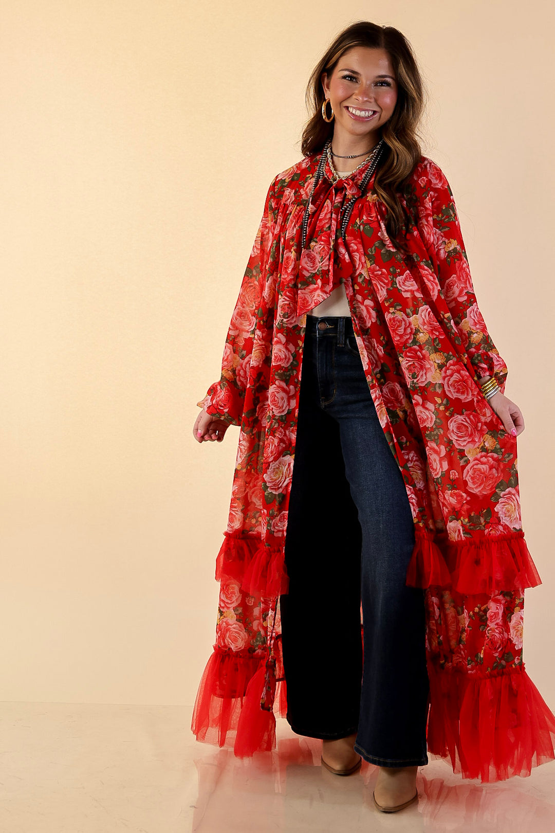 Scarlet Romance Neck Tie Closure Red Rose Floral Drape Statement Kimono Cape in Red