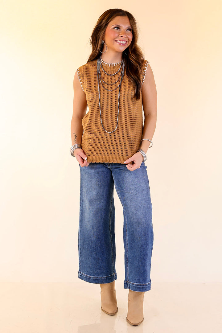 Simply Southern | Olivia Large Knit Sweater Vest with Contrast White Stitching in Tan Brown