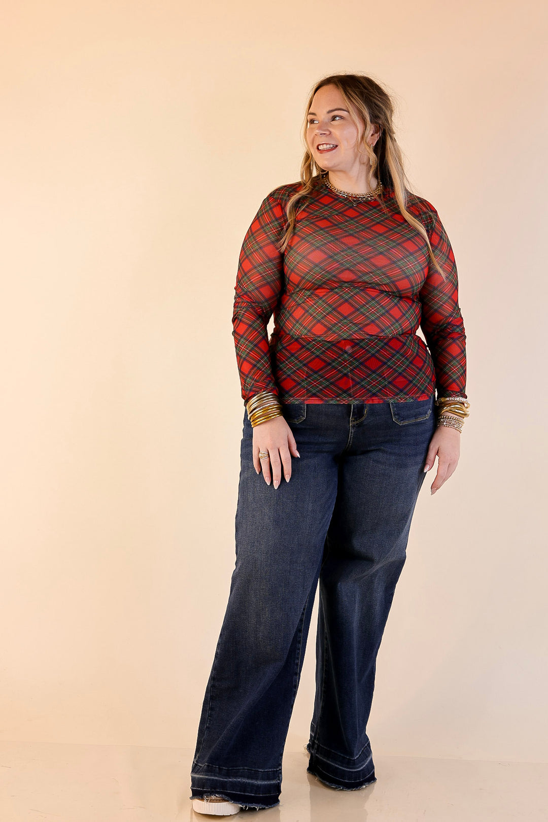 The Perfect Layer Tartan Plaid Print Mesh Long Sleeve Top in Red