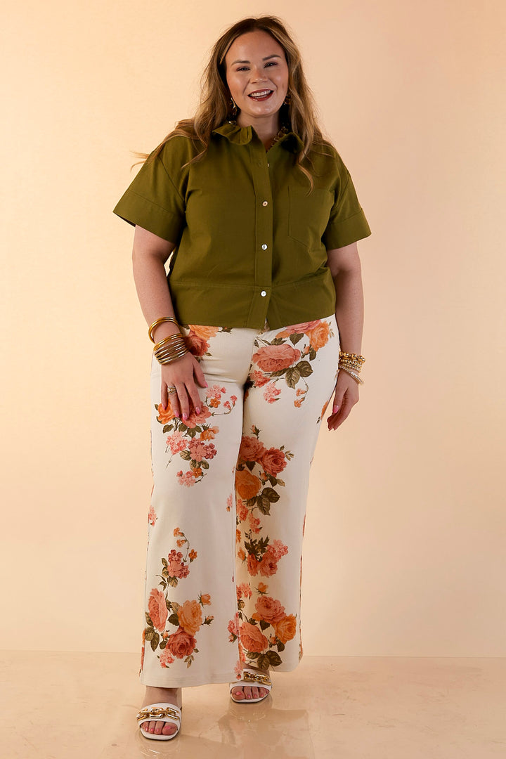 Casual Composure Button Front Short Sleeve Linen Top in Olive Green