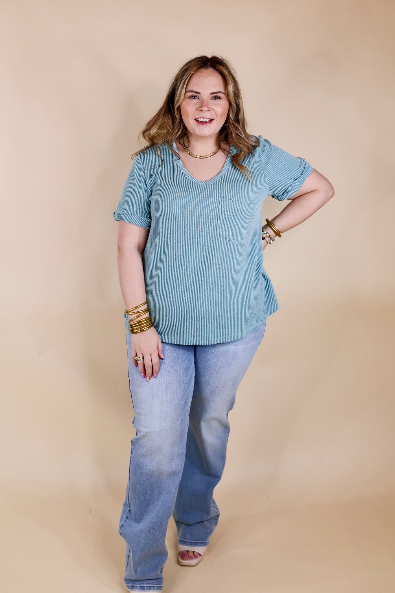 Only True Love Ribbed Short Sleeve Top with Front Pocket in Dusty Turquoise - Giddy Up Glamour Boutique