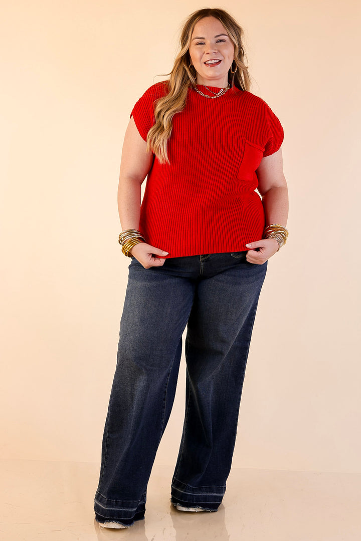 Repeat Ready Cap Sleeve Sweater with Front Pocket in Red