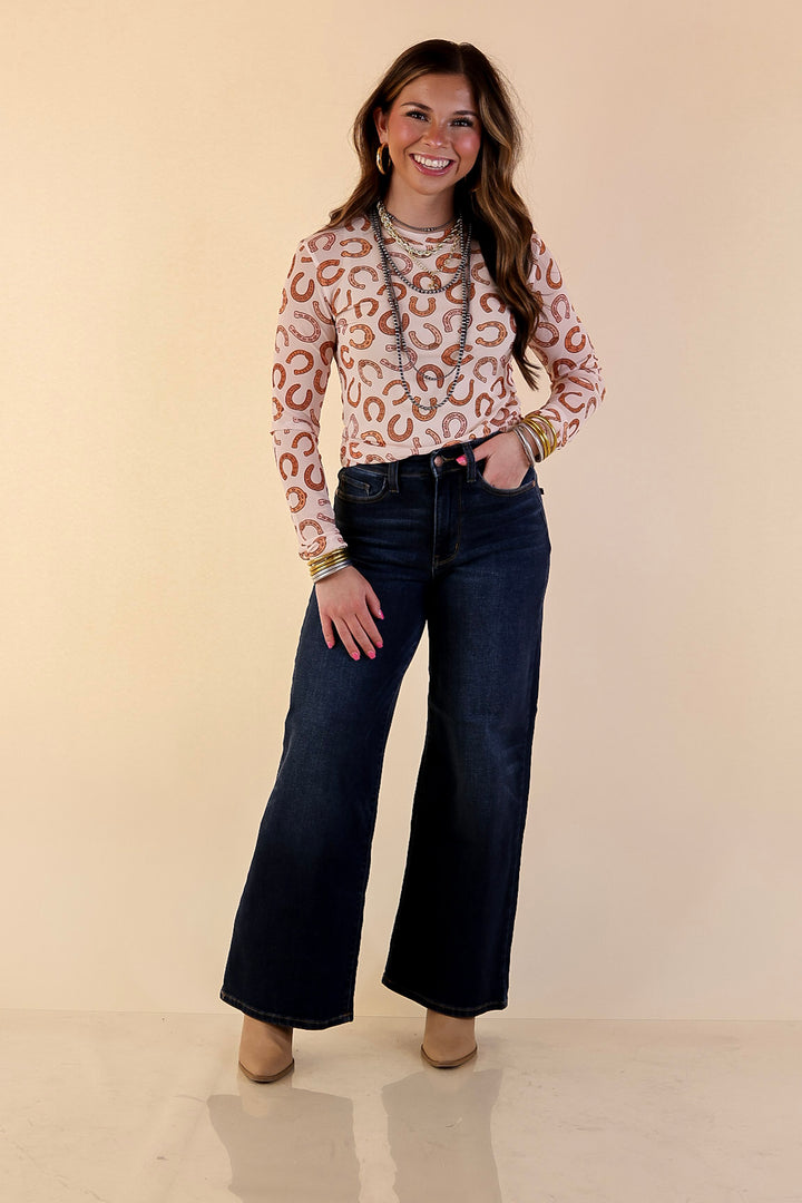 The Perfect Layer Horseshoe Print Mesh Long Sleeve Top in Cream and Brown