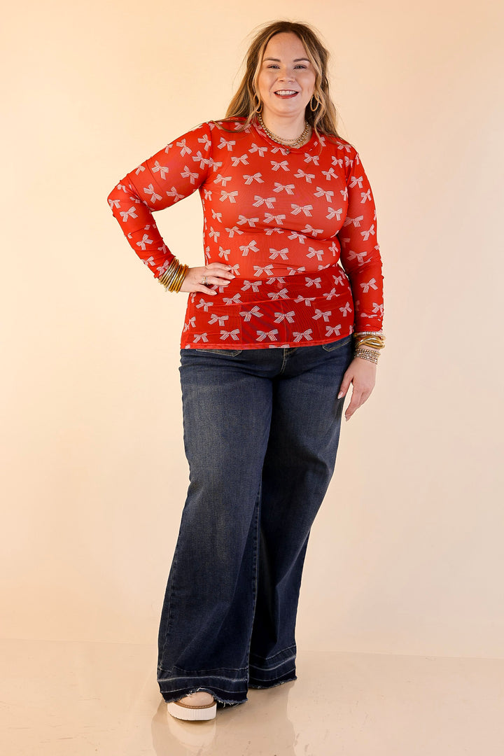 The Perfect Layer Bow Print Mesh Long Sleeve Top in Red and Ivory