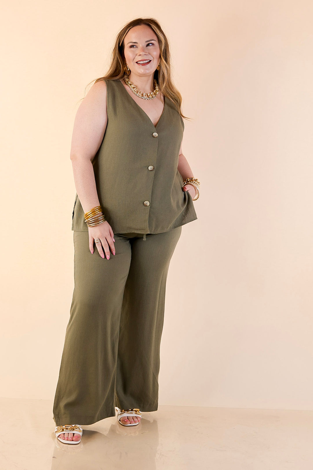 Styled in Comfort Linen Wide Leg Drawstring Pants in Olive Green