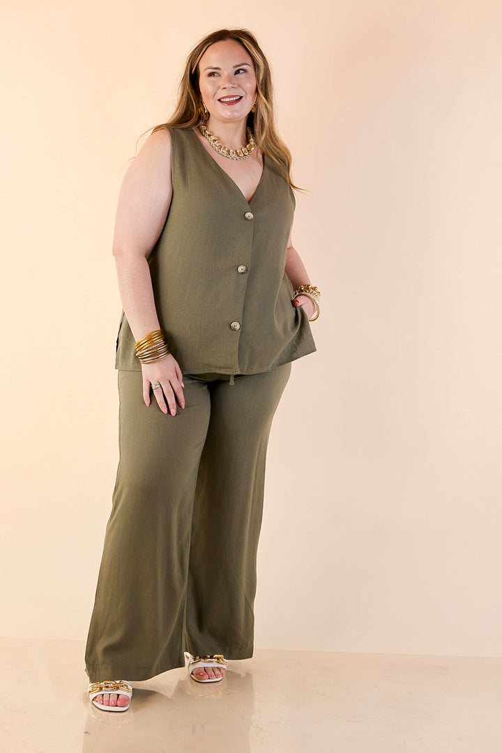 Styled in Comfort Linen Wide Leg Drawstring Pants in Olive Green