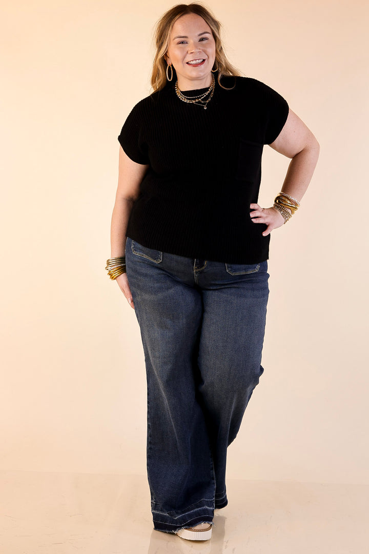 Repeat Ready Cap Sleeve Sweater with Front Pocket in Black