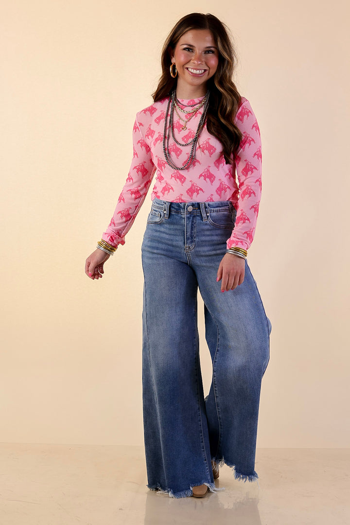 The Perfect Layer Hot Pink Bronc Print Mesh Long Sleeve Top in Pink