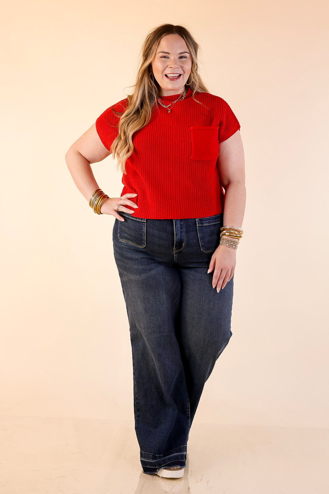 Repeat Worthy Cap Sleeve Cropped Sweater with Front Pocket in Red