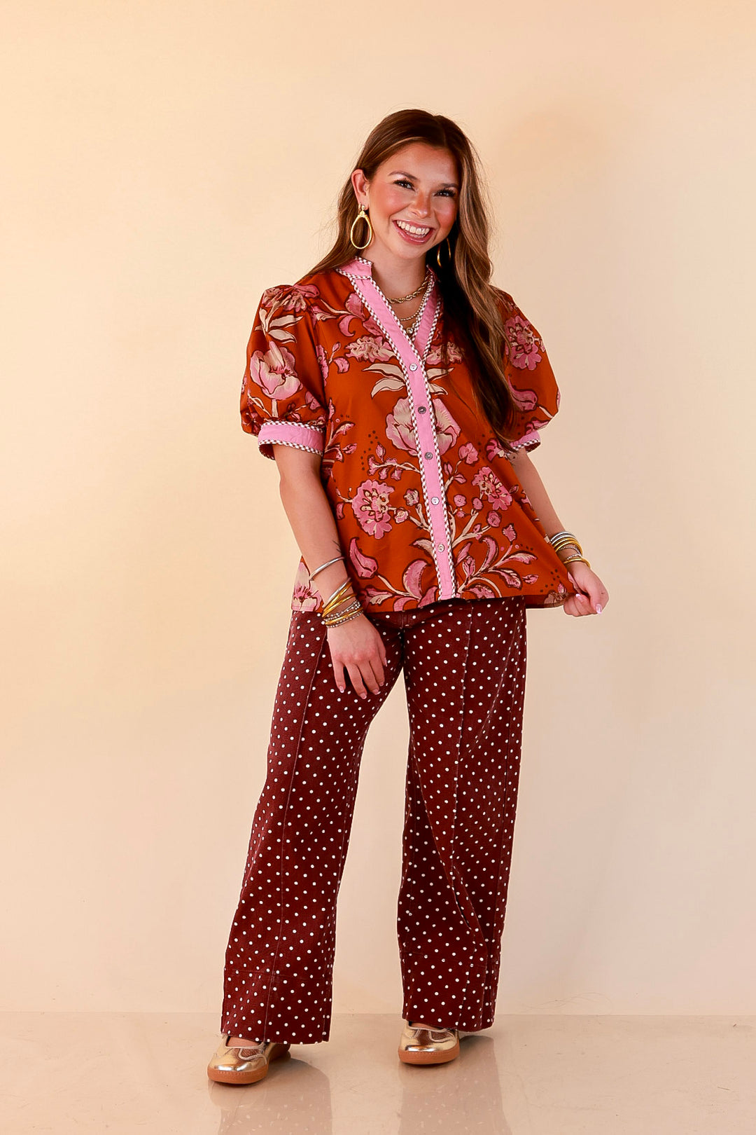Pop of Polish Short Puff Sleeve Button Front Floral Top with Contrast Trim in Rust Orange and Pink