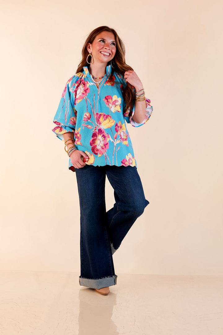 Petal Perfect Floral Print Textured Puff Sleeve Top with Ruffle Split Neckline in Aqua Mix