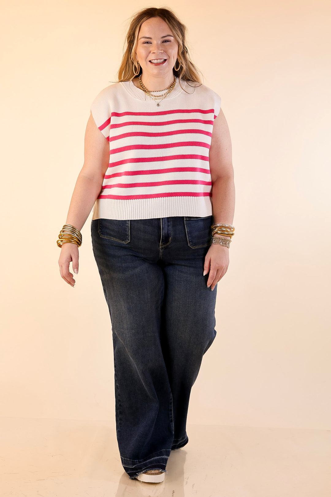 Stripe Things Up Drop Shoulder Knit Sweater in White with Hot Pink Stripes