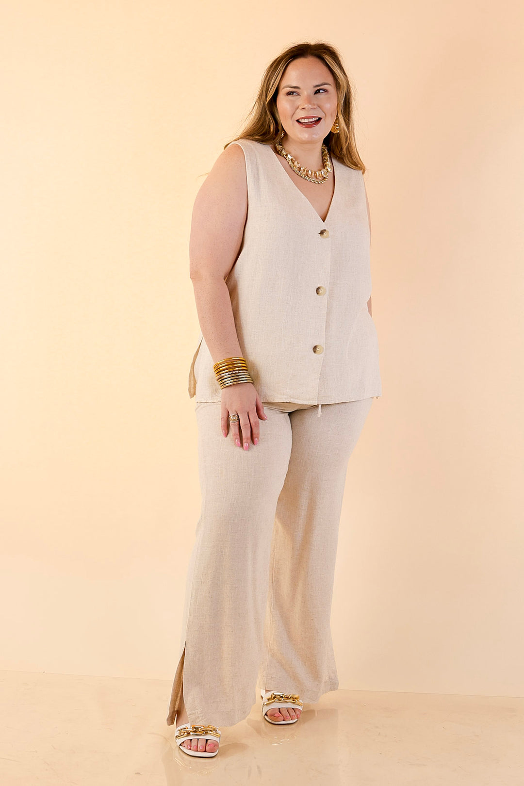 Styled in Comfort Linen Wide Leg Drawstring Pants in Oatmeal Beige
