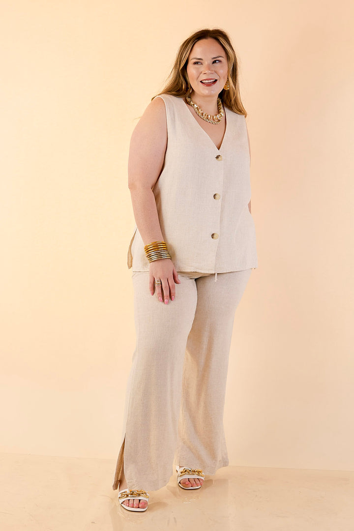 Styled in Comfort Linen Wide Leg Drawstring Pants in Oatmeal Beige