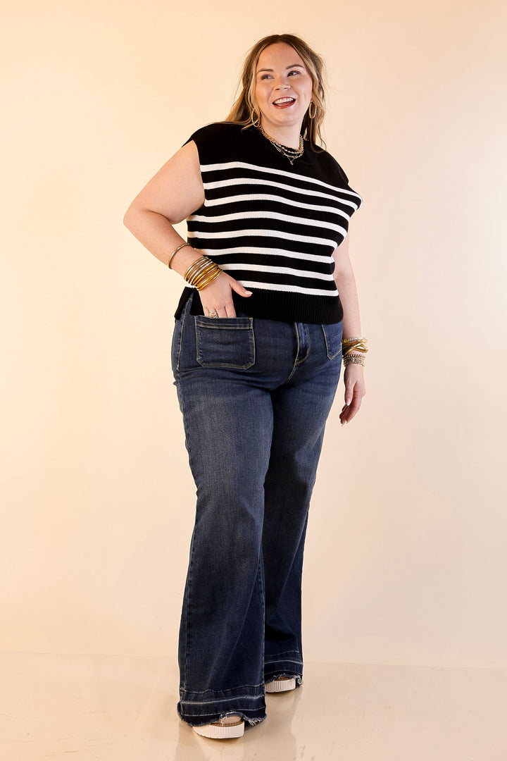 Stripe Things Up Drop Shoulder Knit Sweater in Black with Ivory Stripes