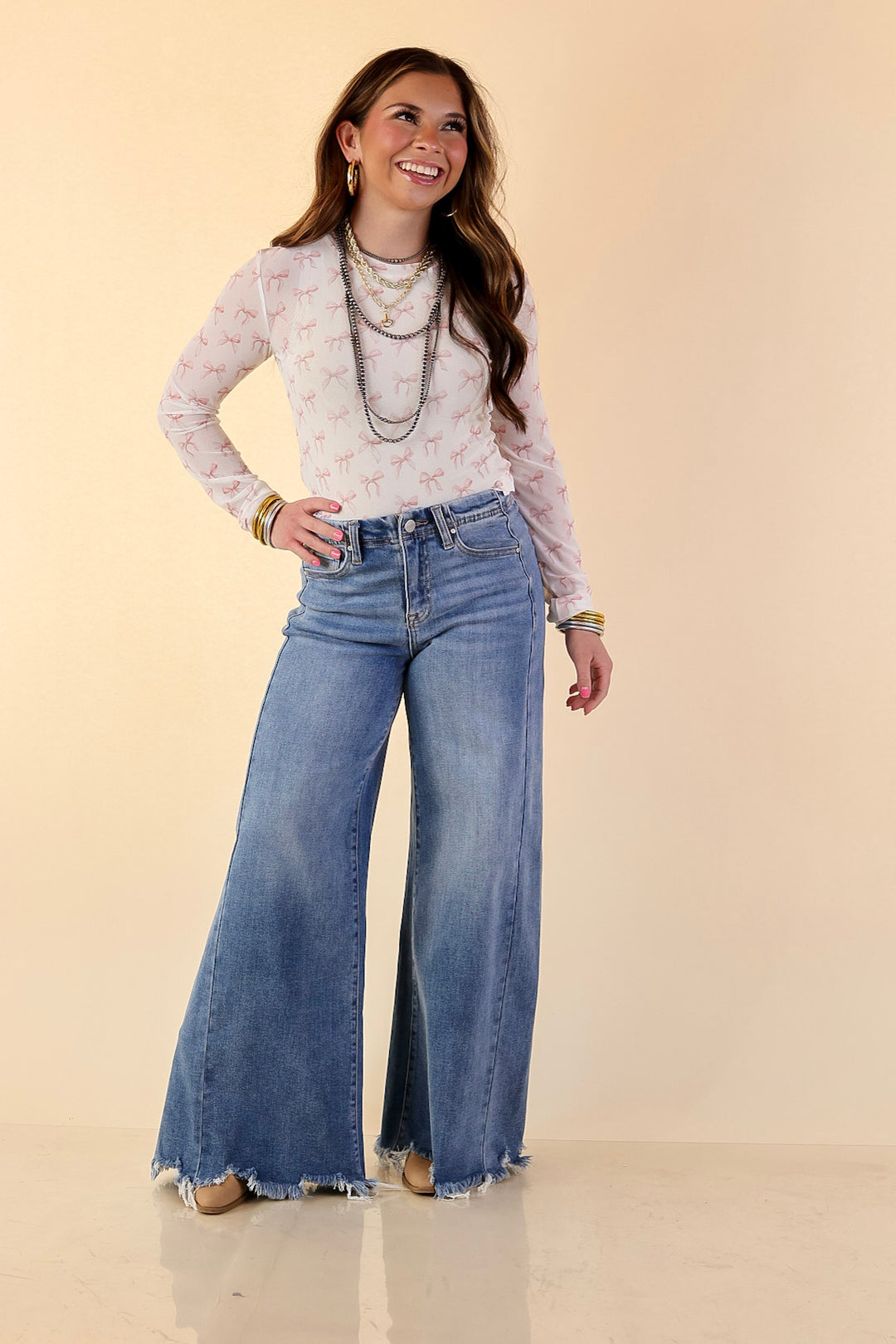 The Perfect Layer Coquette Pink Bow Print Mesh Long Sleeve Top in Ivory