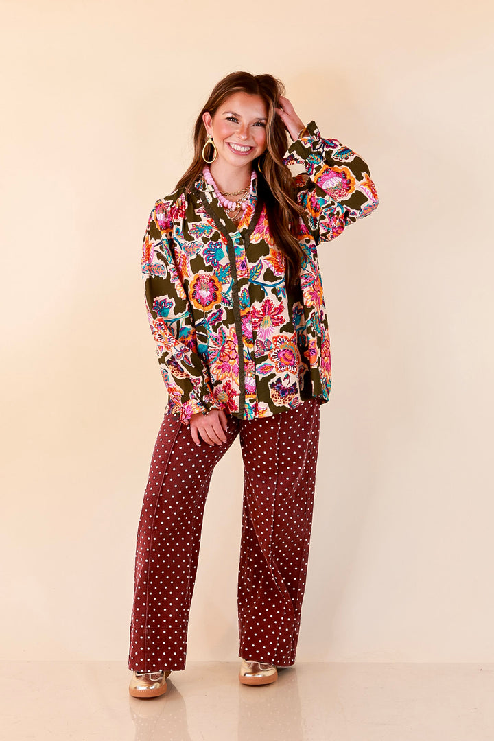 Petal Pop Floral Print Ruffle Front Button Up Long Sleeve Top with Balloon Sleeves in Olive Green