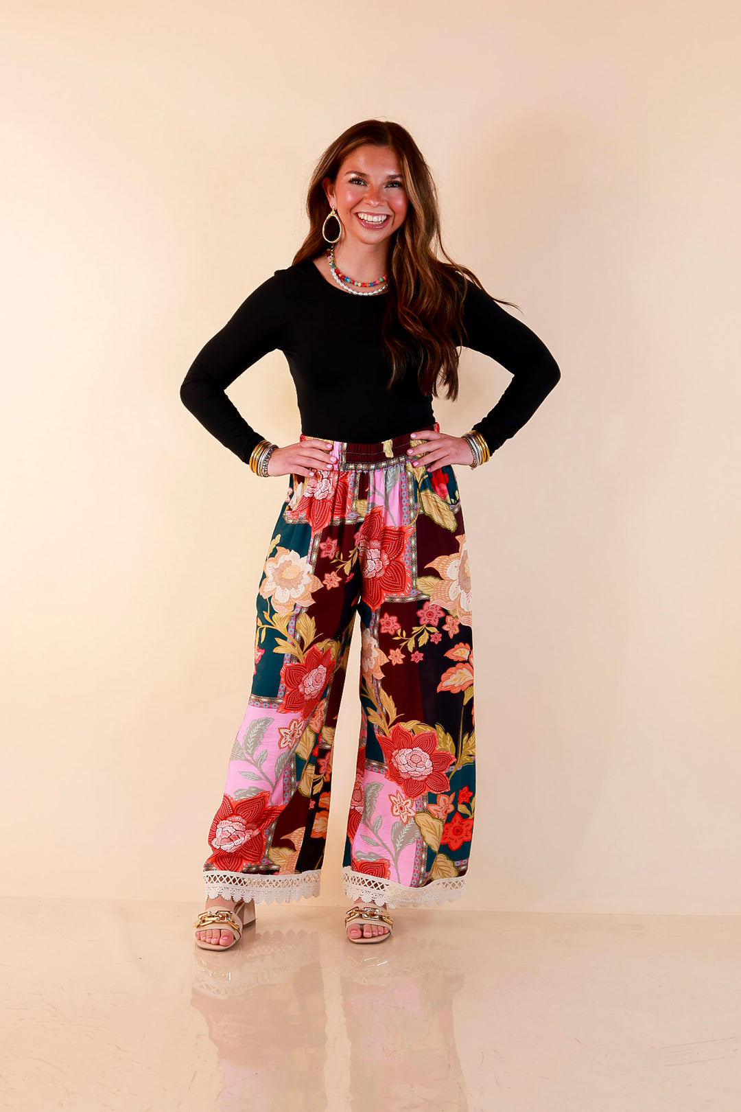 Patchwork Flair Floral Patchwork Print Wide Leg Pants with Lace Trim in Pink Mix