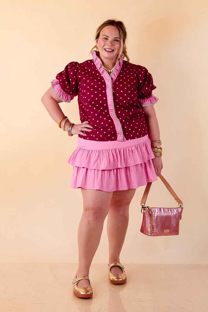 Endless Elegance Ruffled V Neck Polka Dot Print Top in Maroon and Pink