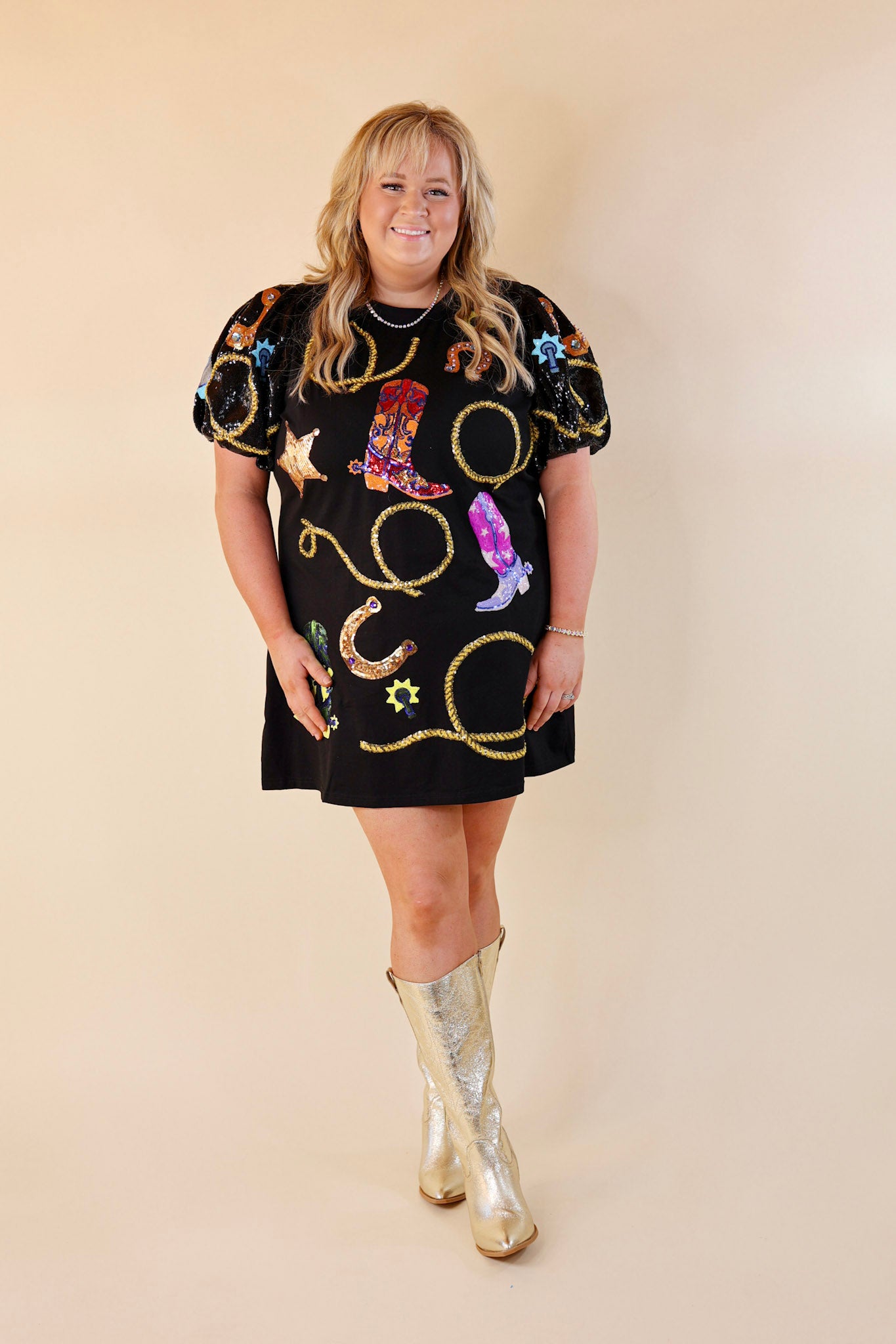 Queen Of Sparkles | Cowgirl Icon Poof Sleeve Graphic Dress in Black - Giddy Up Glamour Boutique