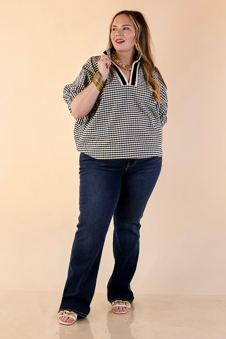 Naturally Stylish Gingham Plaid Top with Contrast Stripe Trim and Short Dolman Sleeves in Black