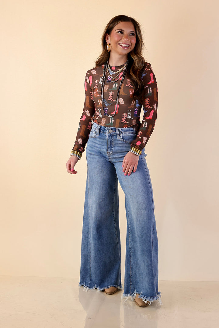 The Perfect Layer Western Boot Print Mesh Long Sleeve Top in Brown