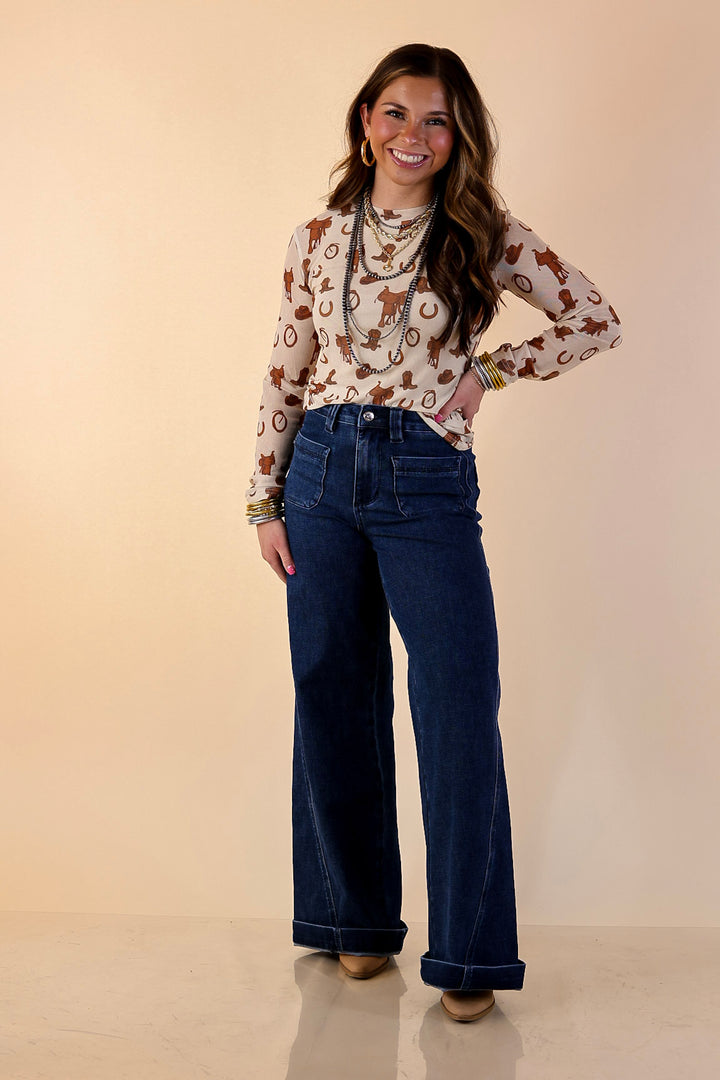 The Perfect Layer Western Icons Print Mesh Long Sleeve Top in Cream and Brown