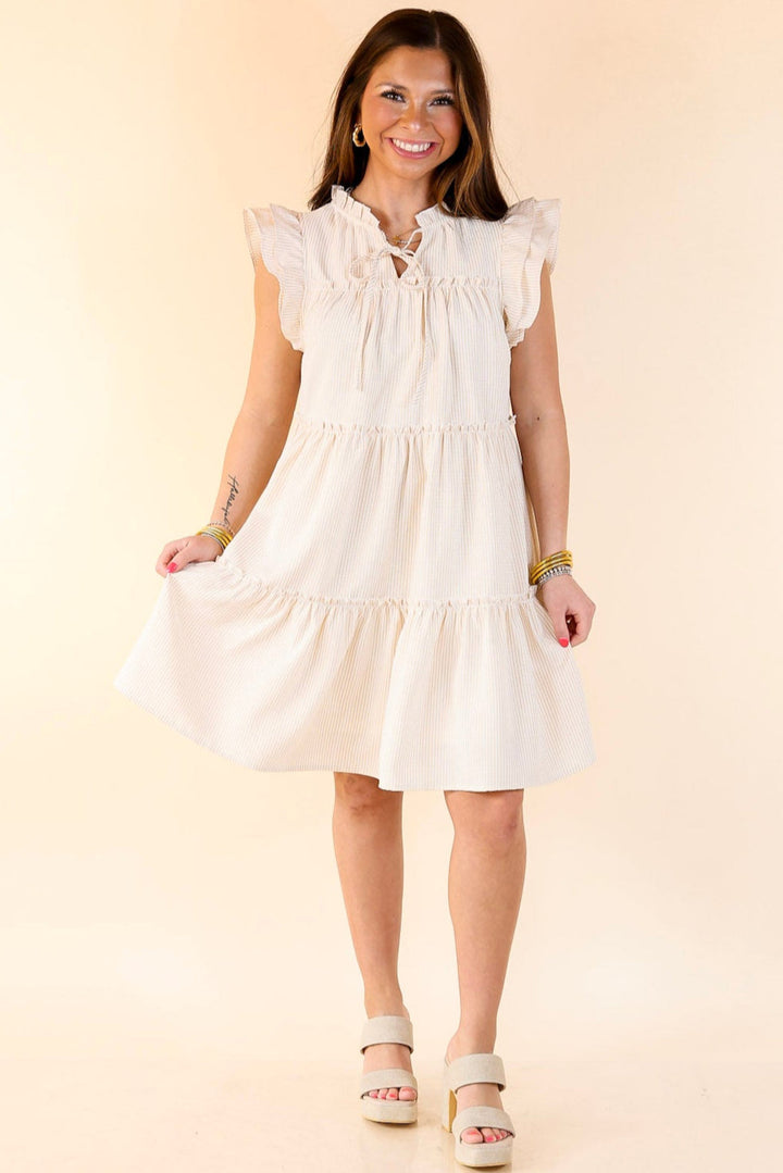 Beachfront Bliss Pin Stripe Dress with Keyhole and Tie Neck in Beige