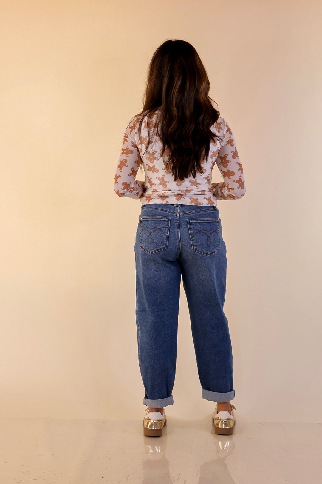 The Perfect Layer Gingerbread Print Mesh Long Sleeve Top in Ivory and Brown