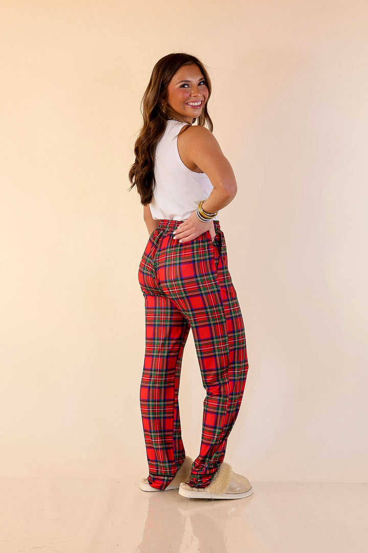 Holiday at Home Tartan Plaid Matching PJ Set with Black Trim in Red Plaid