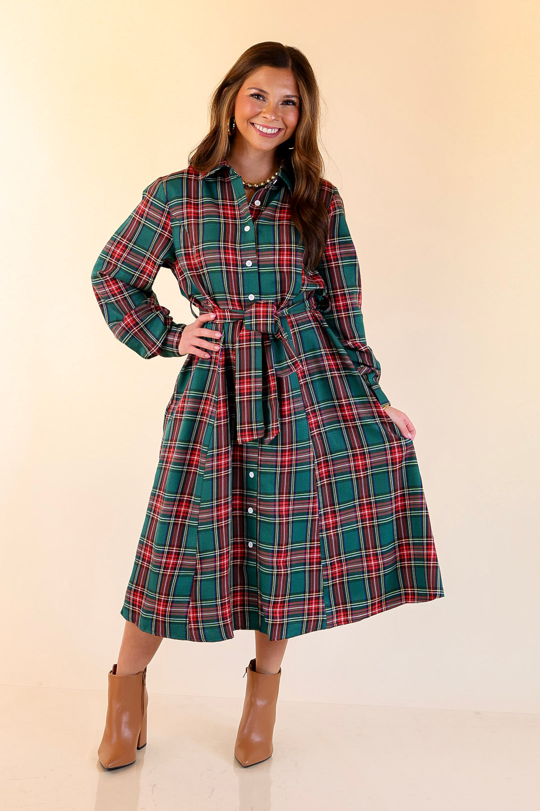 Polished Presence Long Sleeve Plaid Button Up Collared Midi Dress in Green
