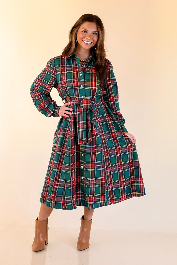 Polished Presence Long Sleeve Plaid Button Up Collared Midi Dress in Green
