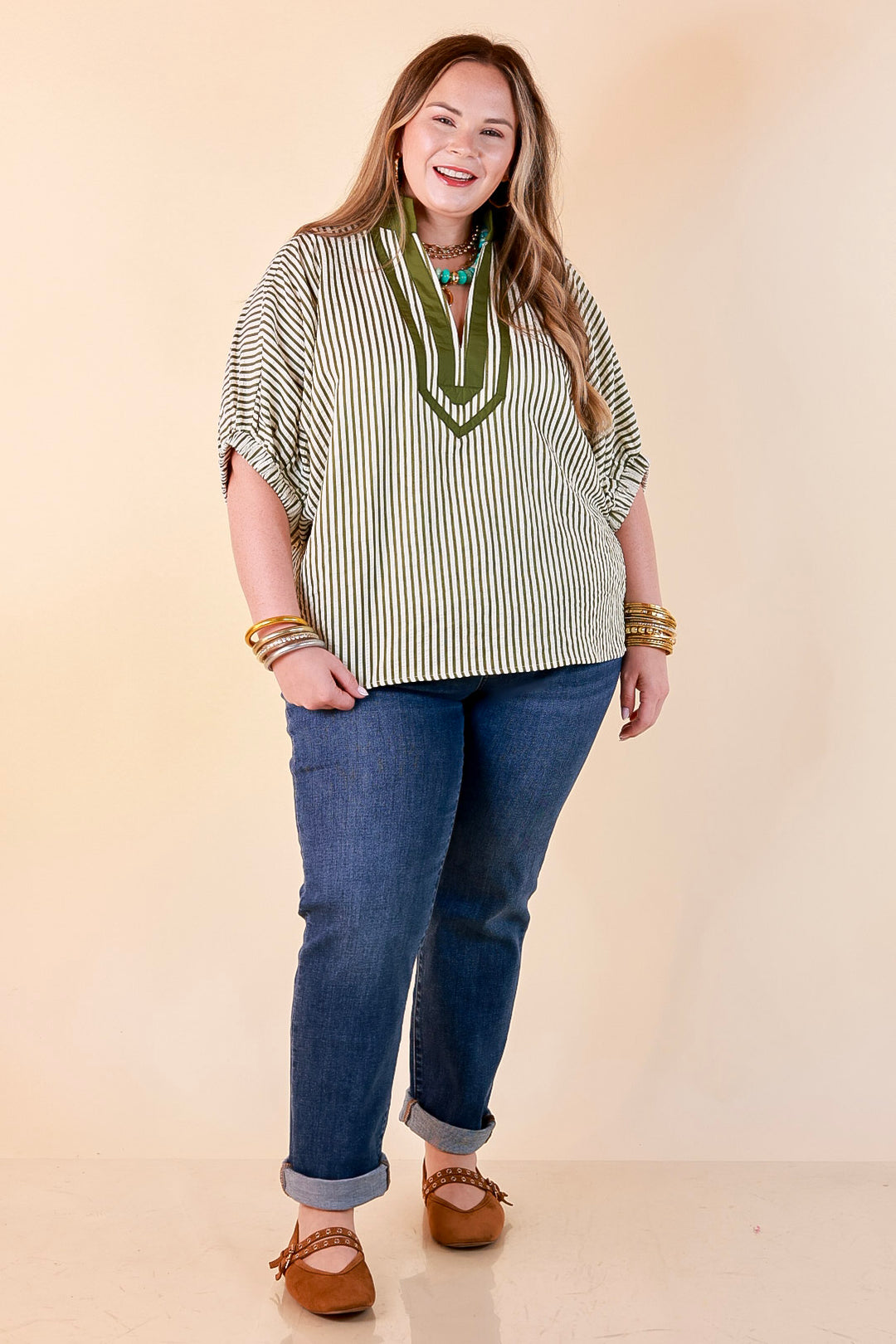 Naturally Stylish Stripe Top with Contrast Stripe Trim and Short Dolman Sleeves in Olive Green