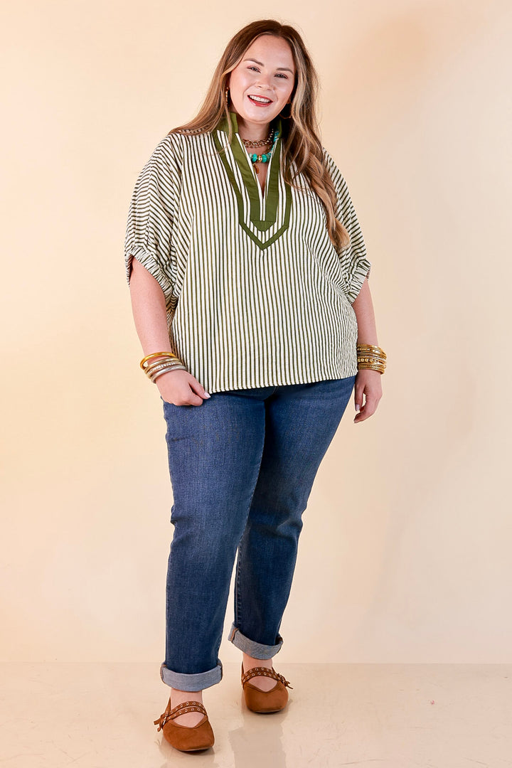 Naturally Stylish Stripe Top with Contrast Stripe Trim and Short Dolman Sleeves in Olive Green