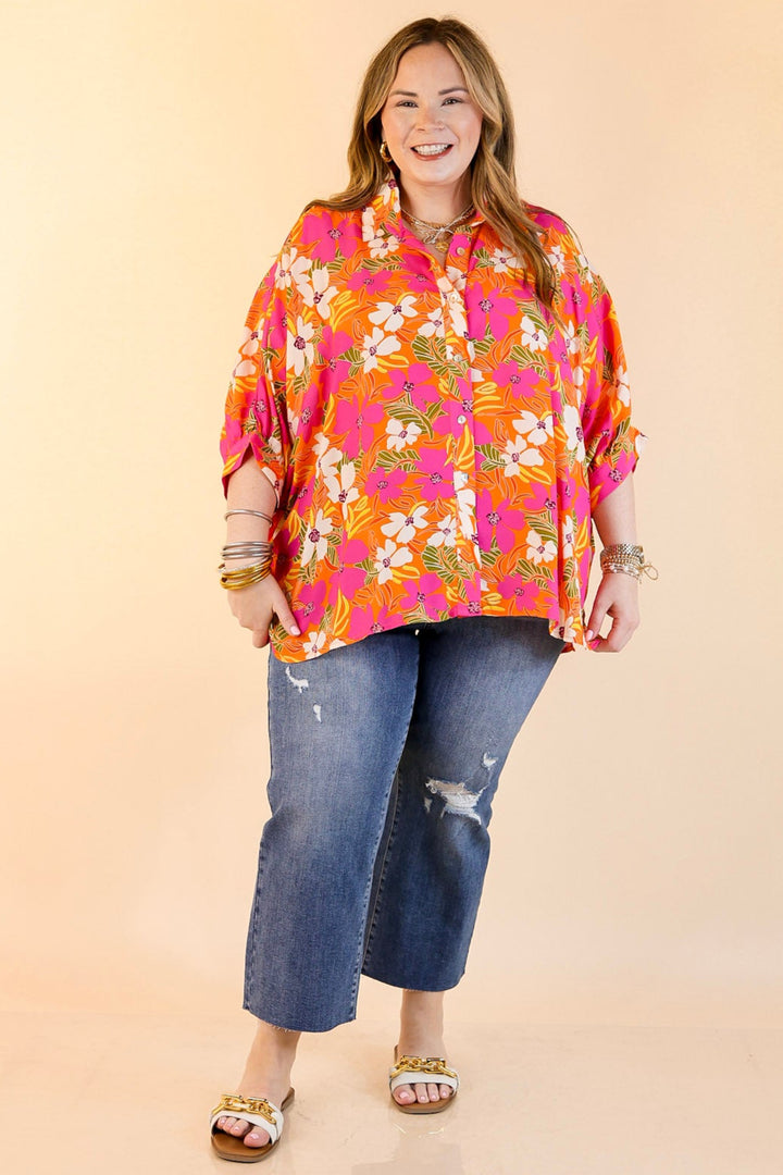 Bright Lifestyle Button Up Half Sleeve Floral Poncho Top in Orange Mix
