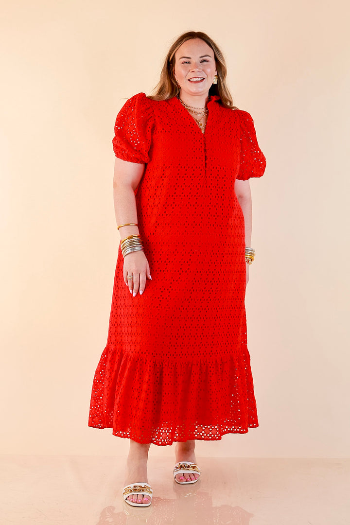 Meet Me at Sunset Eyelet Lace Puff Sleeve Tiered Maxi Dress in Red