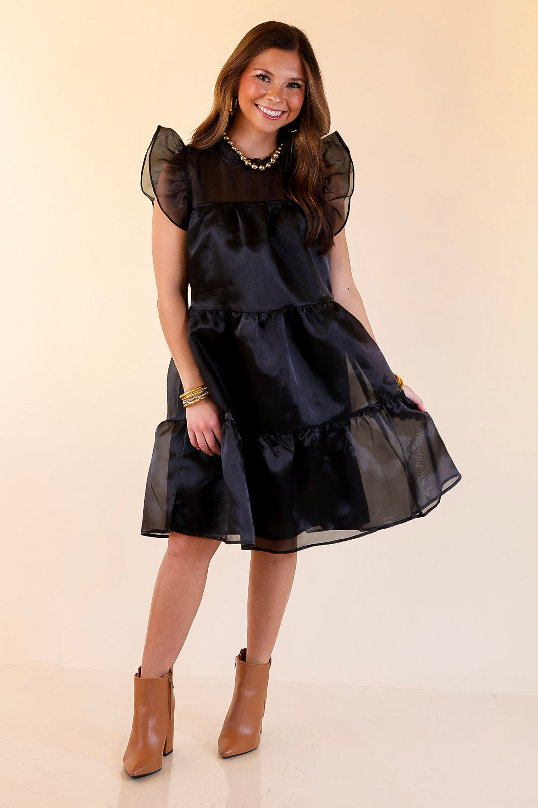 Mud Pie | Jane High Neck Sheer Tulle Ruffle Tiered Dress in Black