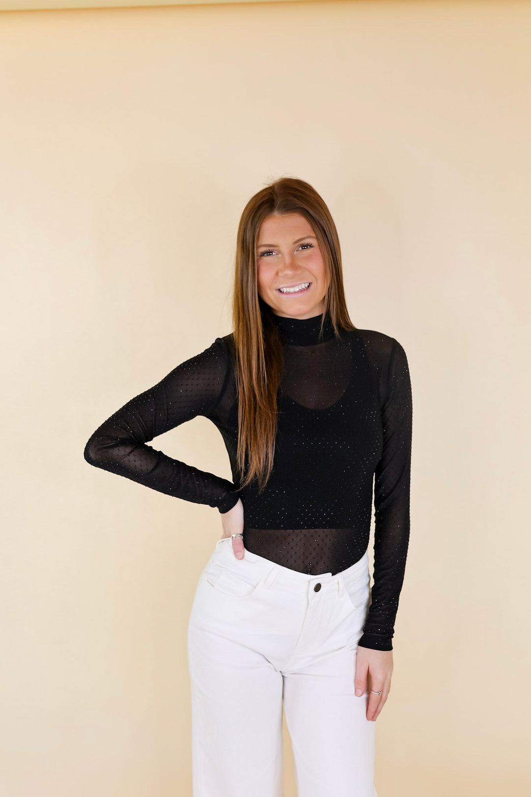 Try Your Luck Crystal Mesh Long Sleeve Bodysuit in Black - Giddy Up Glamour Boutique