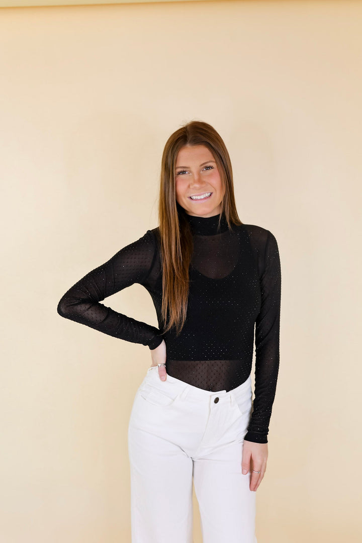 Try Your Luck Crystal Mesh Long Sleeve Bodysuit in Black - Giddy Up Glamour Boutique