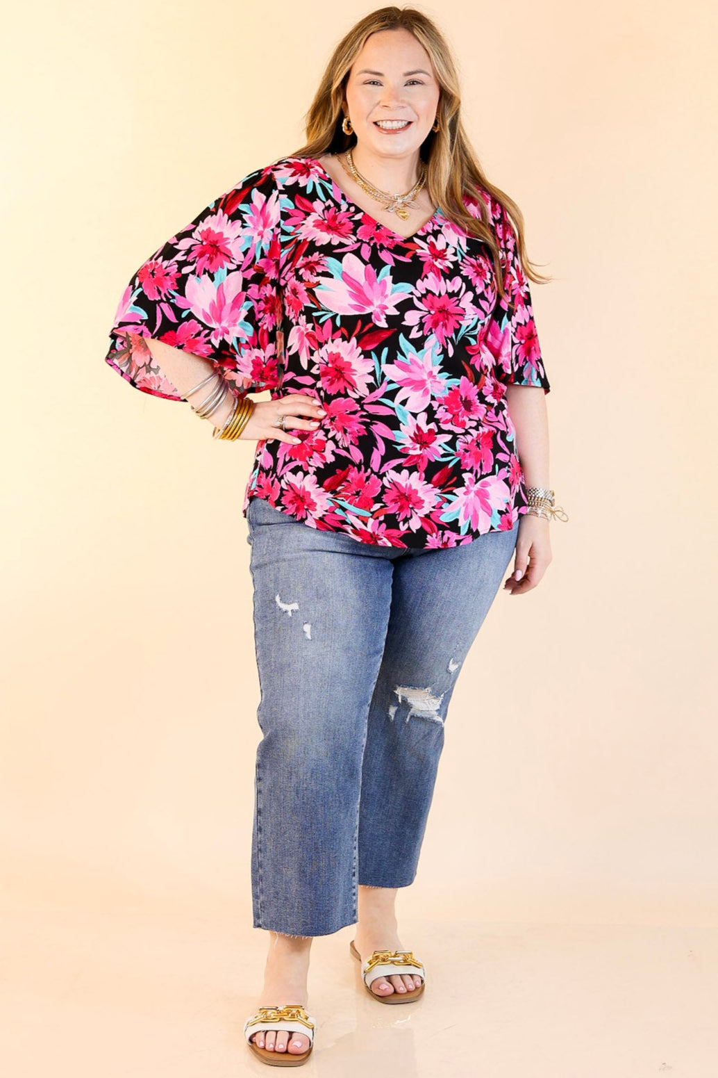 Giving You More Pink Floral Print V Neck Blouse in Black