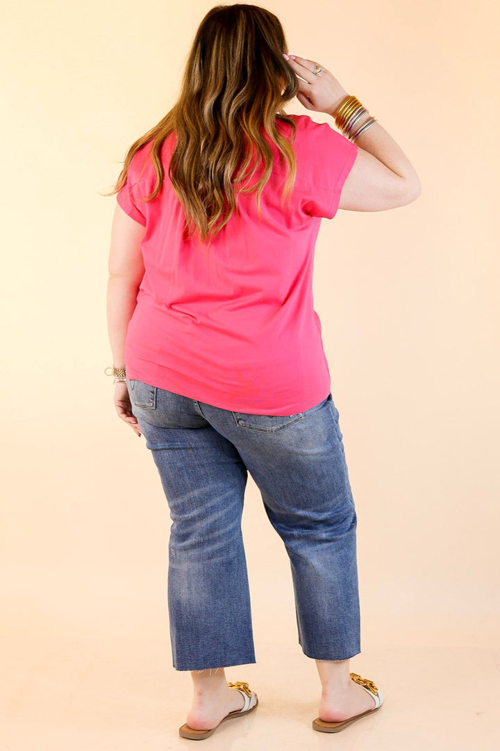 Paradise Found Embroidered Short Sleeve Top with V Neckline in Pink