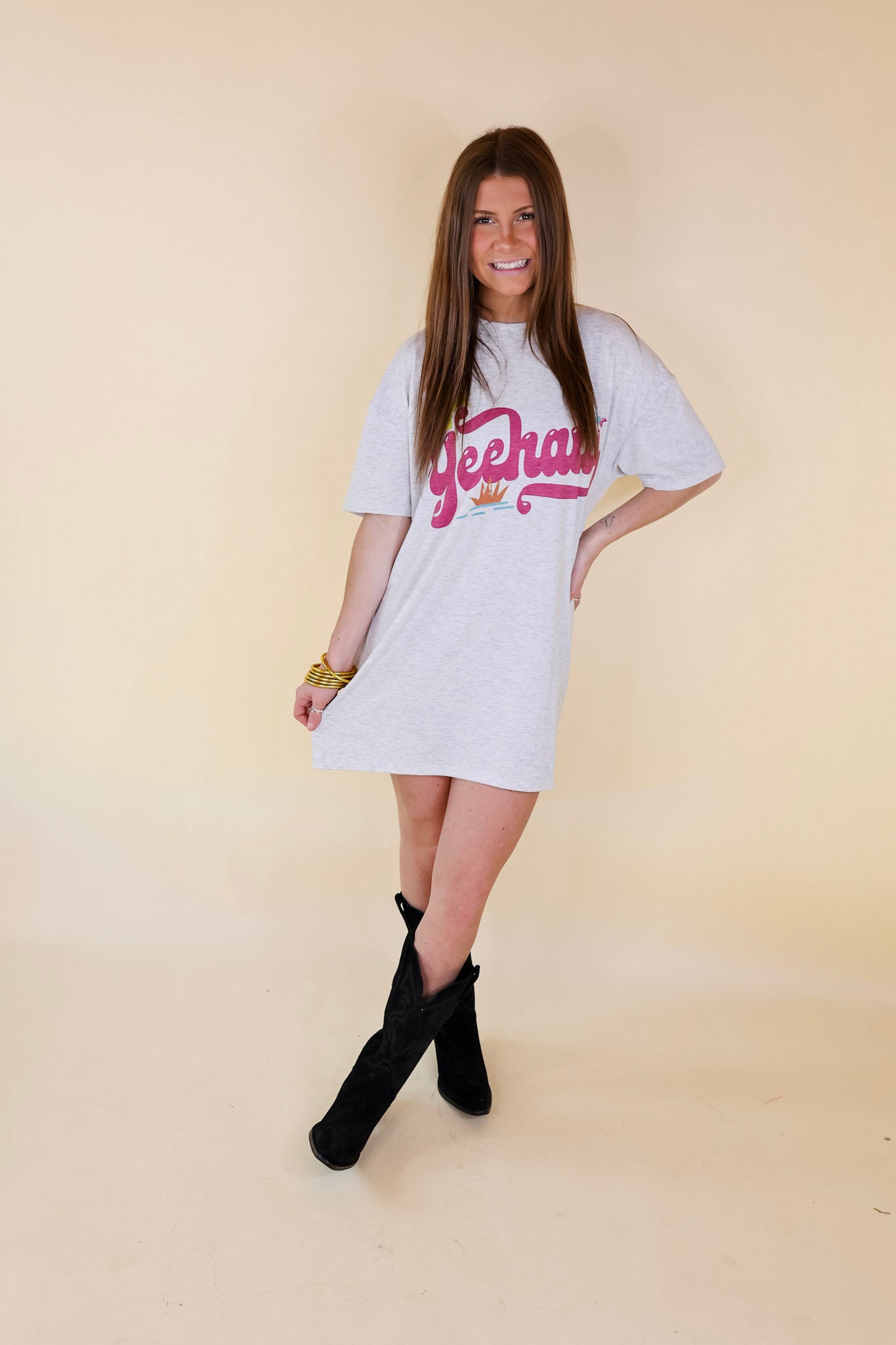 YeeHaw Short Sleeve Tee Shirt Dress in Heather Grey - Giddy Up Glamour Boutique