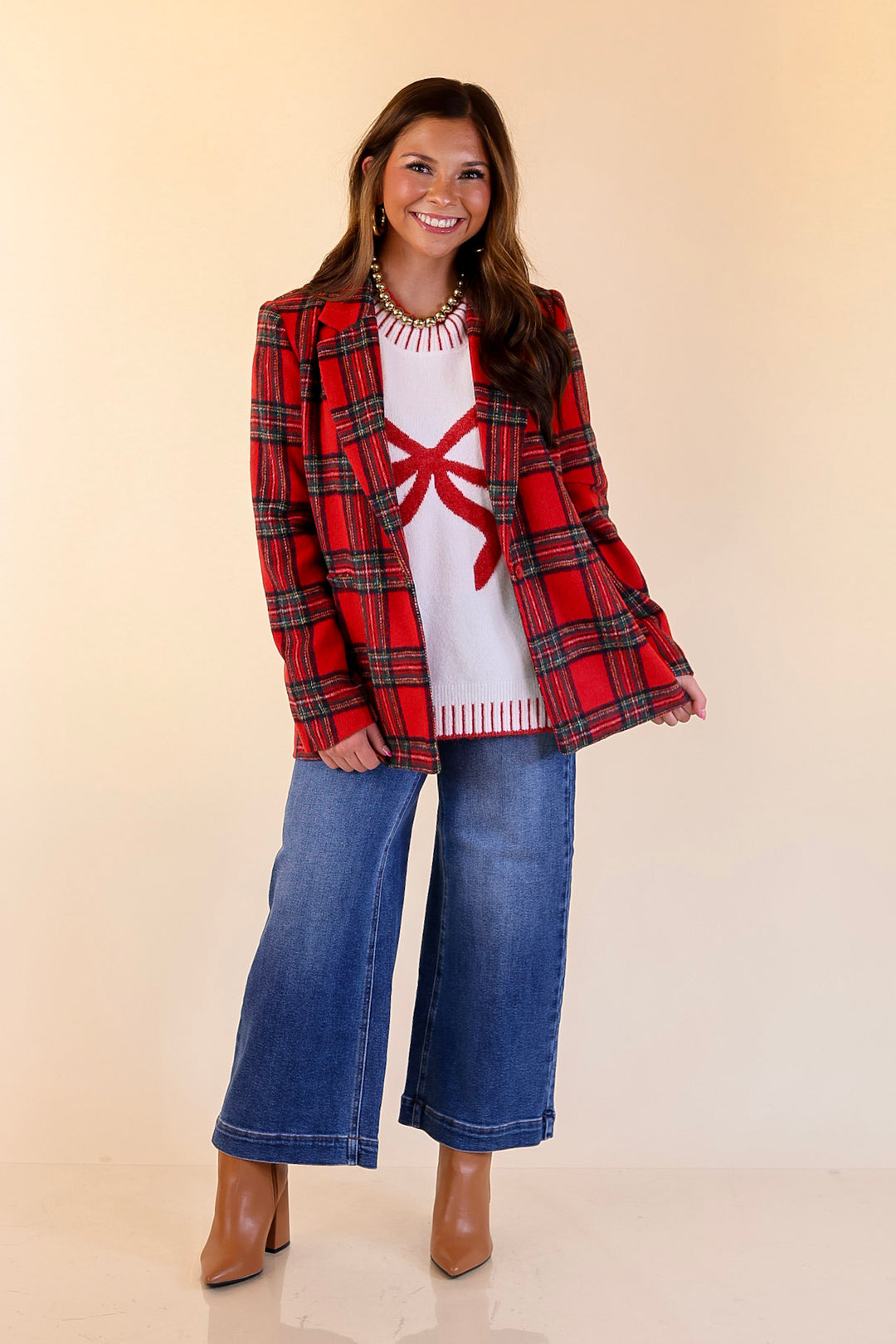 Season to Shine Long Sleeve Tartan Plaid Blazer in Red