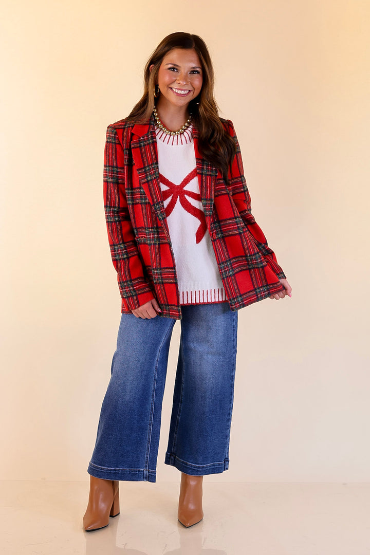 Season to Shine Long Sleeve Tartan Plaid Blazer in Red